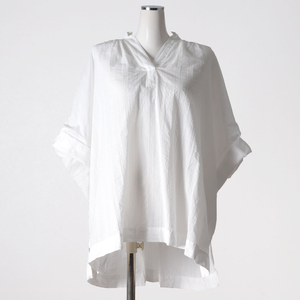 dobby stand collar gather neck wide shirt　OFF WHITE