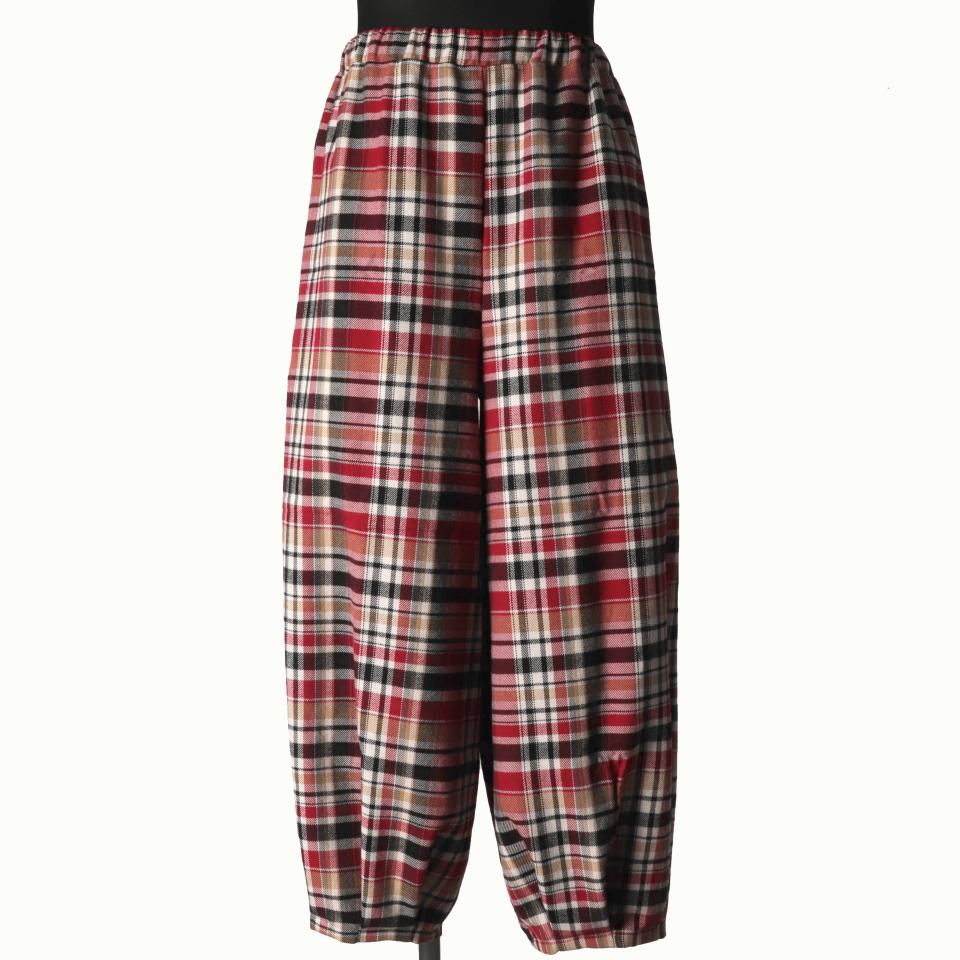 P-482 RED Check Tucked Hem Wide Easy Pants